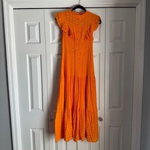 Bright Orange Eyelet Maxi Dress with Ruffle Sleeves